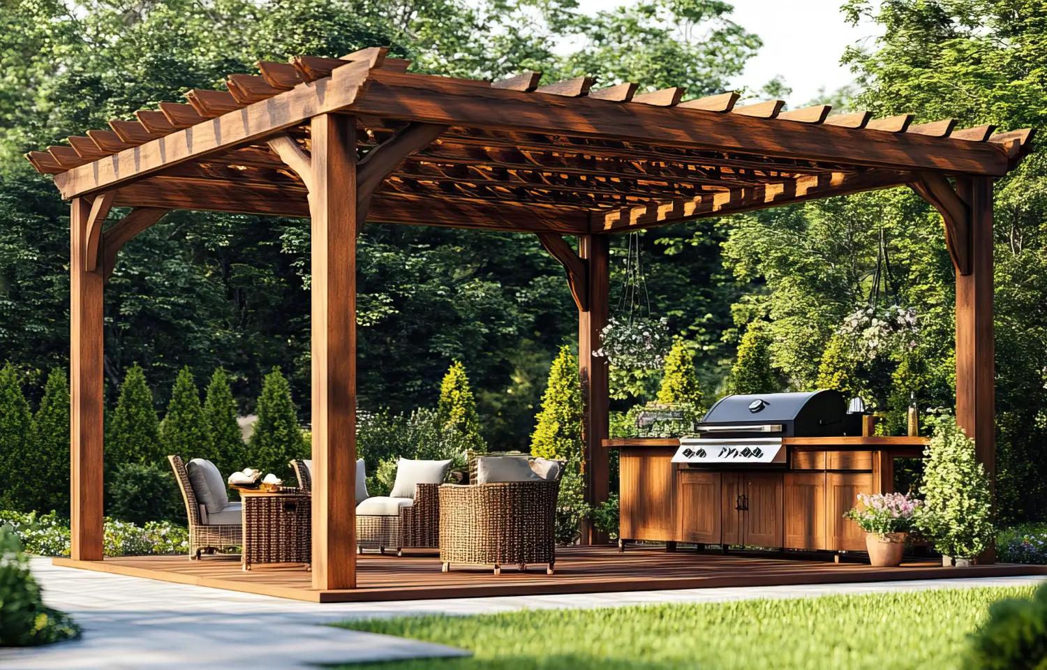 Drewniana pergola z wiklinowymi krzesłami i grillem stoi w bujnym, zielonym ogrodzie przydomowym. tarasy szczecin